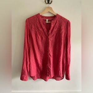 Anthropologie Button-Up Cotton Blouse with Lace and Metallic Details